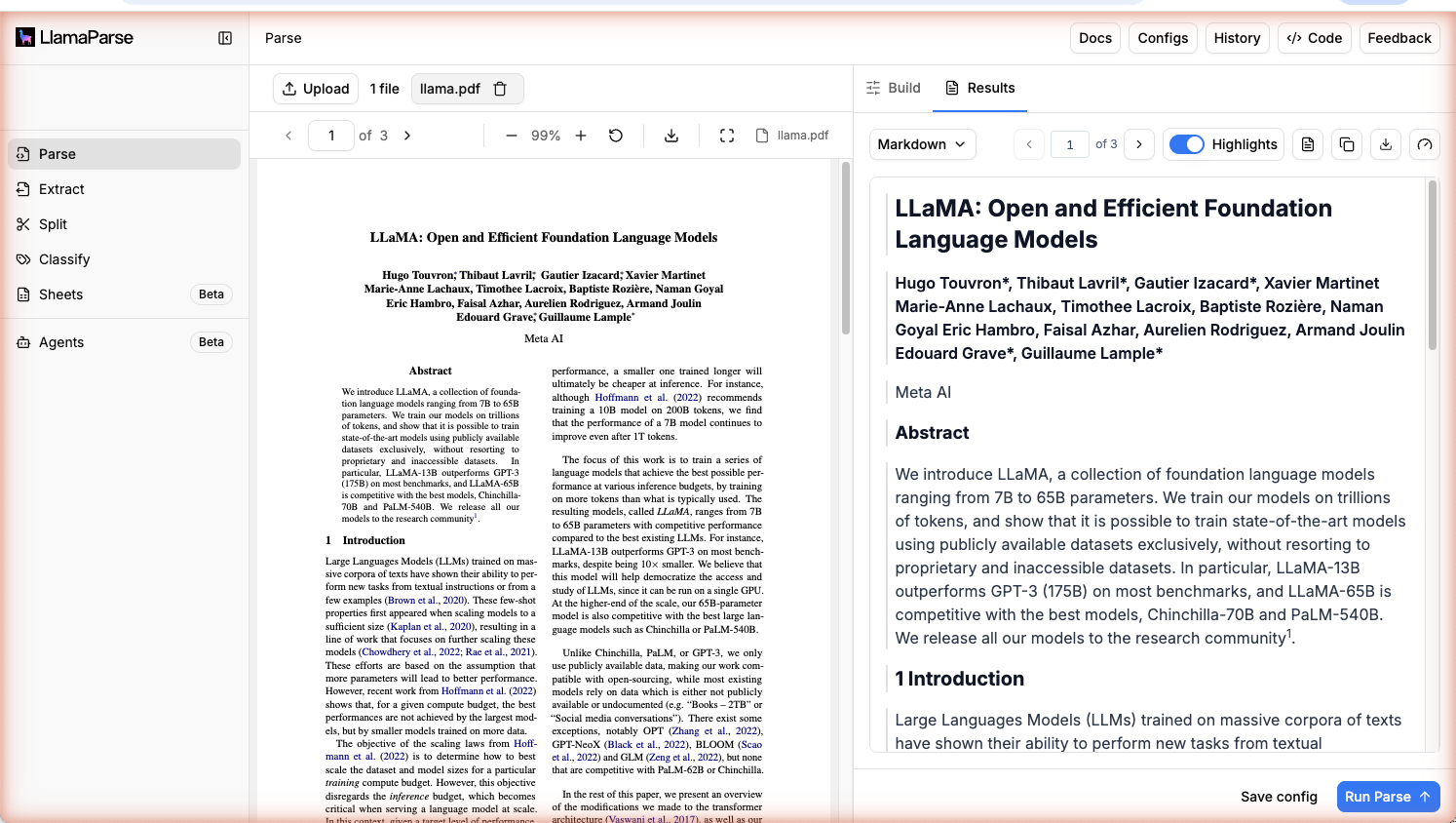 Parse Web UI result view: the raw LLaMA paper PDF on the left and Parse's clean markdown output on the right, with headings, author block, and the abstract rendered in proper structure.